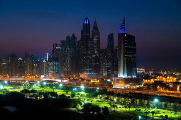 Fototapeta na wymiar View of the skyline by Dubai Marina, Jumeira lajke towers and the Media City