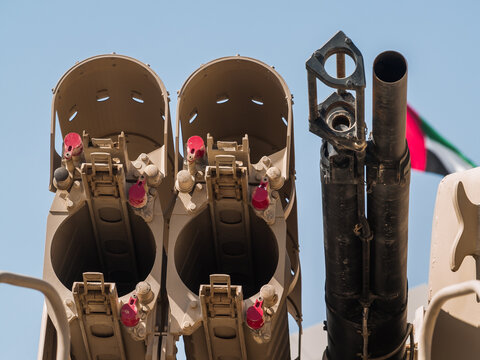 Abu Dhabi, UAE - Feb.23. 2011: The radar dish of Pantsir-S1 (SA-22 Greyhound) Anti-Aircraft Missile and Gun Systems in IDEX 2011 Military Exibition
