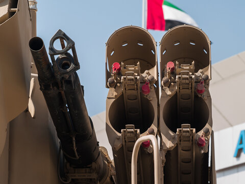 Abu Dhabi, UAE - Feb.23. 2011: The radar dish of Pantsir-S1 (SA-22 Greyhound) Anti-Aircraft Missile and Gun Systems in IDEX 2011 Military Exibition