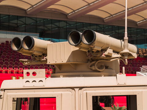 Abu Dhabi, UAE - Feb.23. 2011: 9M133 Kornet-E (AT-14 Spriggan) Antil tank missile mounted on HMMWV in IDEX 2011 Military exibition