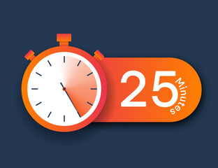 Fototapeta na wymiar Stopwatch icon 25 minutes. Time management and setting deadlines. Graphic elements for website, timer and notifications for efficient and hardworking employees. Cartoon flat vector illustration