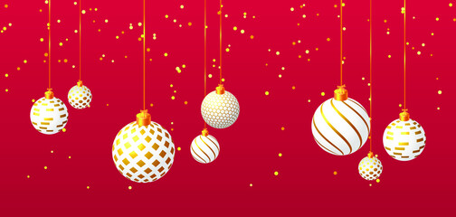 Winter festive background. White and golden 3d Christmas ornaments. Festive background for Christmas and New Year