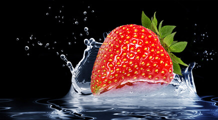 Strawberry fruit in a splash falling into the water on a black background, splashing