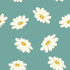 Groovy daisy retro seamless pattern. Positive colorful iilustration. 70s vibe hippie ornament.