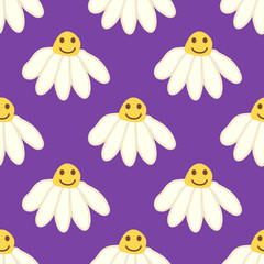 Fototapeta na wymiar Chamomile smile 1970 pattern. Groovy daisy retro seamless pattern