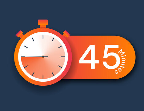 Stopwatch icon 45 minutes. Time management and setting deadlines. Icons for website, notification or reminder for development of programs and apps, motivation. Cartoon flat vector illustration