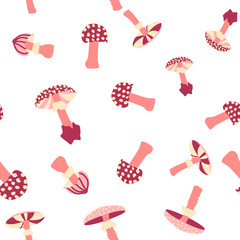 Magic mushrooms seamless pattern. Psychedelic hallucination. 60s hippie colorful art. Vintage psychedelic textile, fabric, wrapping, wallpaper.