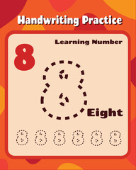 Number 8 handwriting trace practice worksheet for preschool kids learning how to write layout in colorful printable version. Vector Illustration.