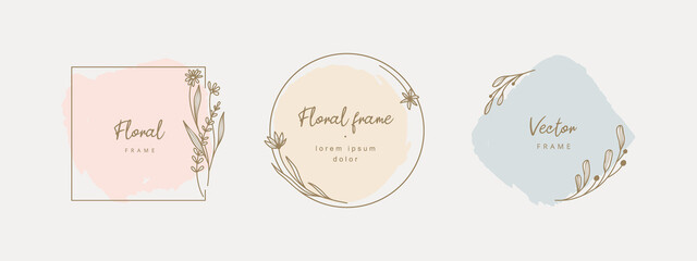 Hand drawn floral frames. Logo template in minimal style with flowers. Botanical trendy vector illustration for labels, branding business identity, wedding invitation. Vector illustration