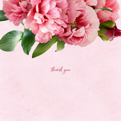 Fototapeta na wymiar Floral card with copy space. Pink and red peony on pastel textured grange background. Bouquet of garden flowers.