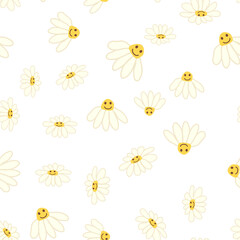 Obraz premium Groovy daisy retro seamless pattern. 70s vibe hippie ornament. Floral wallpaper.