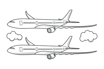 Fototapeta na wymiar Line art vector of 3d view passenger or commercial or cargo jet plane flying in the air