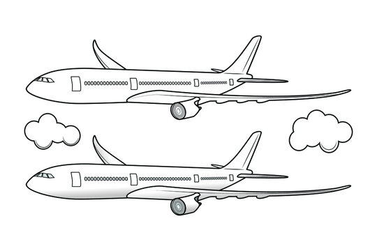 Line art vector of 3d view passenger or commercial or cargo jet plane flying in the air
