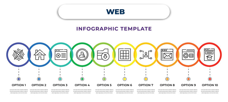web infographic design template with cobweb and spider, home button, closing, land, downloading file, grid on, multitasking man, message closed envelope, looking for students icons. can be used for
