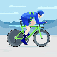 Cyclist in blue jersey riding a green time trial aero bike