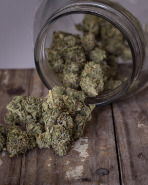 Cannabis buds dried and trimmed in glass jars with a light background