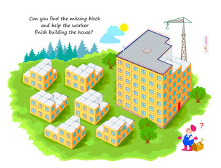 Logic game for smartest. 3D puzzle. Can you find the missing block and help the worker finish building the house? Developing spatial thinking. Page for brain teaser book. Vector illustration.