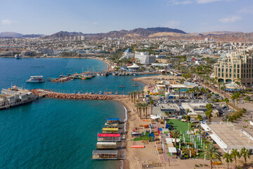 Fototapeta na wymiar Drone view of Eilat city and Shoreline Eilat And coastline, Israel