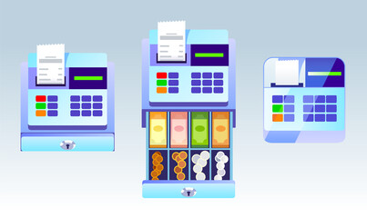 A set of cash register icons, cash register machines with banknotes and coins inside. Vector illustration.
