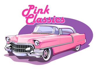 Vintage car with pink advertising text, a classic car from the 60's vector illustration