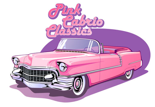 Vintage cabriolet with pink advertising text, a classic roadster from the 60's vector illustration