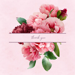 Floral card with copy space. Pink and red peony on pastel textured grange background. Bouquet of...
