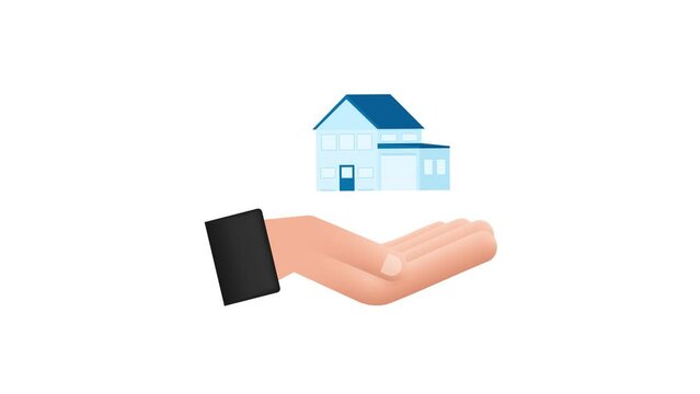 Businessmans hand holding a house. Home rental, property, real estate concept. Motion graphics . Technology concept 4k