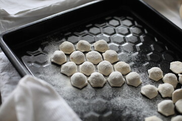 raw frozen dumplings on a black dish