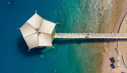Eilat / Israel Aug 20  2020  Top view of   An underwater structure, in eilat bay. A restaurant that...