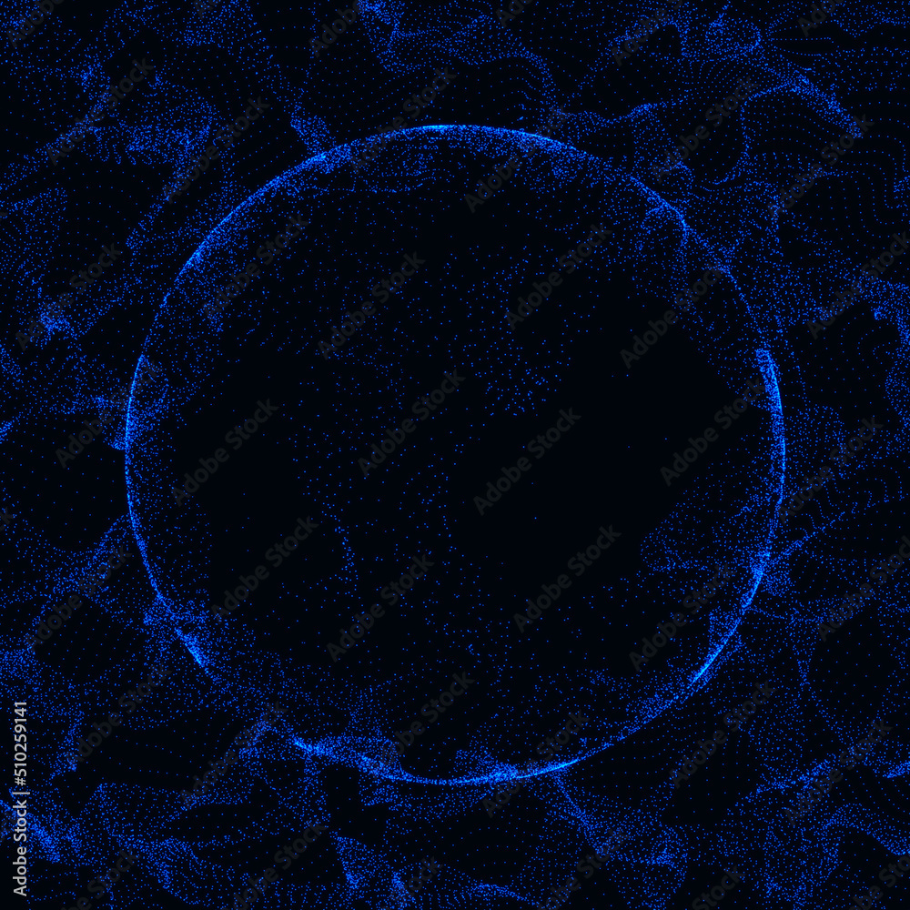 Poster Warp surface with round place for text in the middle. Wave of particles with sphere. Abstract background with a dynamic wave. Big data. 3d rendering.