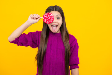 Child with lollipops candy. Stop eating sweets, sugar addiction. Teen dental care, sweet tooth.