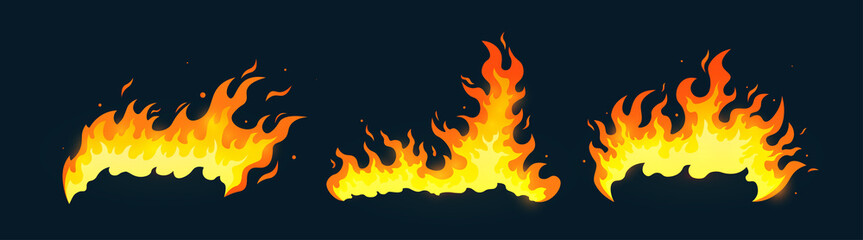 Different fire set. Collection of large pockets of flames, danger zone. Graphic elements for developing programs and applications. Cartoon flat vector illustrations isolated on blue background