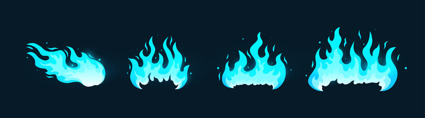 Different fire set. Blue flame collection, effects for games development, graphic elements for website. Hot spots and danger zone on map. Cartoon flat vector illustrations isolated on blue background - obrazy, fototapety, plakaty
