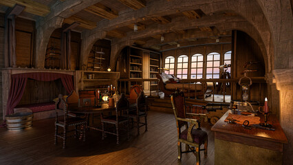 Old wooden pirate ship captain's cabin interior. 3D rendering.