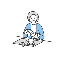 Fototapeta na wymiar 食器を洗う高齢女性のイラスト素材