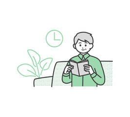 ソファで読書する高齢男性のイラスト素材