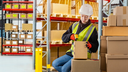 Warehouse worker. Warehouse specialist scans bar code for parcels. Woman warehouse worker in protective hard hat. Employee of modern logistics center. Girl in yellow vest handles parcels