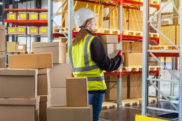 Bonded warehouse. Woman customs officer holding boxes. Girl in yellow vest with her back to camera. Boxes and tiered racks. Customs warehouse with cardboard boxes. Career customs worker.