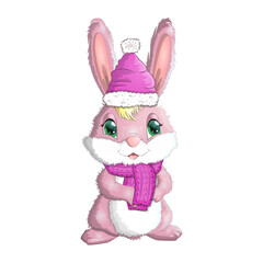 Cute cartoon rabbit in a hat and fur coat, scarf. Winter 2023, Christmas and New Year