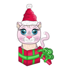 Cute cartoon cat in a santa hat in a gift box, New Year's gift concept. Winter 2023, Christmas and Chinese New