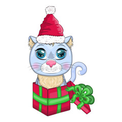 Cute cartoon cat in a santa hat in a gift box, New Year's gift concept. Winter 2023, Christmas and Chinese New