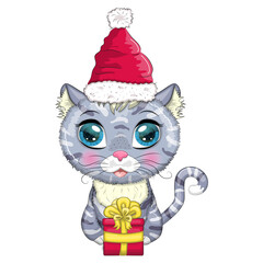 Cute cartoon cat in santa hat with gift, christmas ball, candy kane. Winter 2023, Christmas and Chinese New
