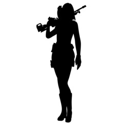 Black and white silhouette of a girl with a gun. A super woman in a leather military suit with pistols and a submachine gun or rifle. A computer game character	
