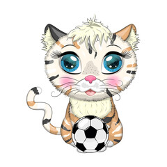 Fototapeta na wymiar Cartoon cat with a soccer ball. Summer, vacation. Cute child character, symbol of 2023 new chinese year