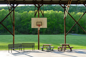 basketball hoop and backboard with picnic tables and green grass