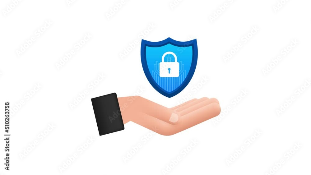 Poster cyber security motion graphics logo with shield and check mark. hands holding cyber secure sign. int