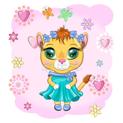 Cartoon lioness in a beautiful dress with bows and flowers. Girl character, wild animal with human traits