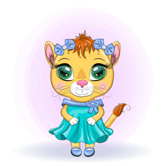 Cartoon lioness in a beautiful dress with bows and flowers. Girl character, wild animal with human traits