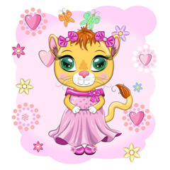 Cartoon lioness in a beautiful dress with bows and flowers. Girl character, wild animal with human traits