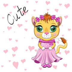 Cartoon lioness in a beautiful dress with bows and flowers. Girl character, wild animal with human traits